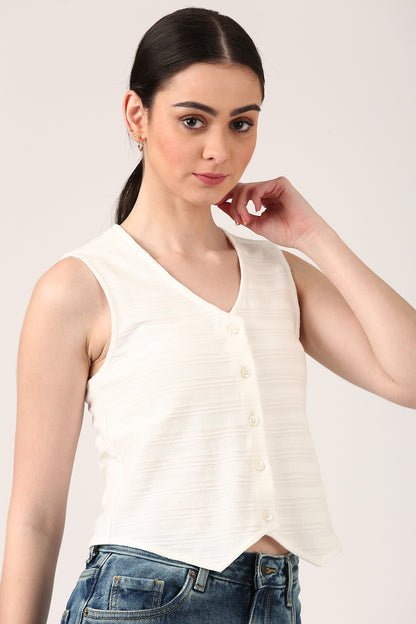 Ivory Sleeveless Jacquard Button-Down Top For Women