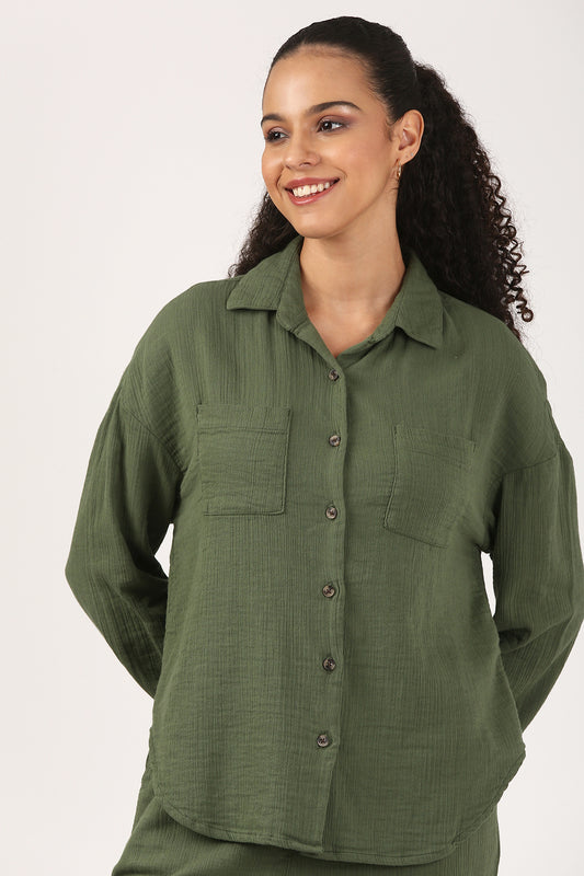 Bottle Green Cotton double cloth Crinkle Oversized Shirt