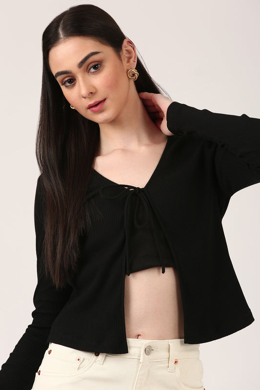 Black Front Open Tie-Up Top
