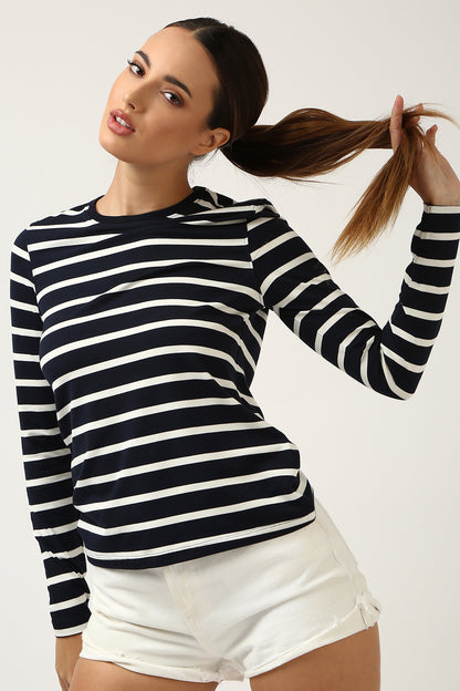 Super Soft-Long Sleeve Tee-Navy & White Stripe