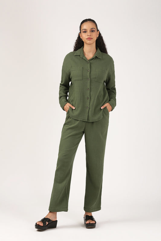 Bottle Green Cotton double cloth Crinkle Wide leg Pant