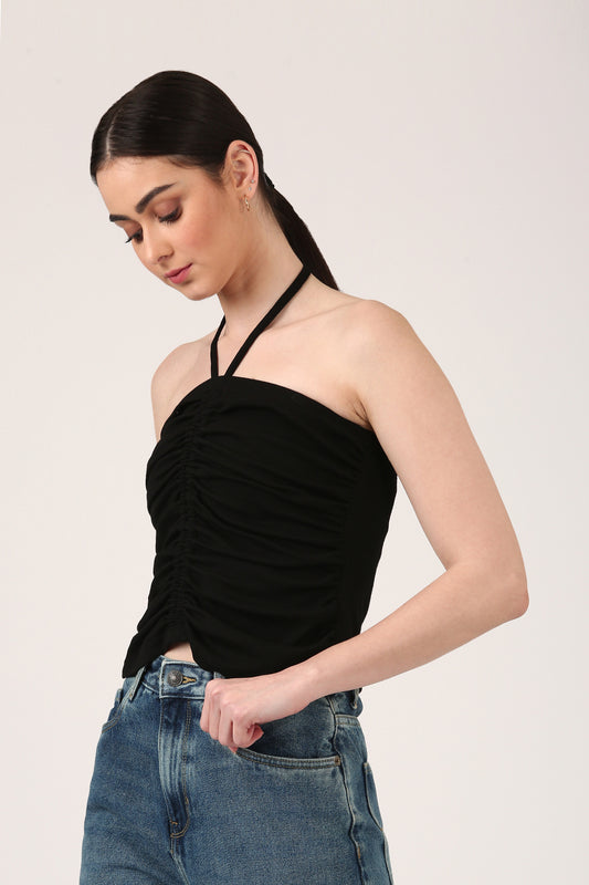 Black Ruched Halter Neck Top For Women – Strap Detail Fitted Party Crop