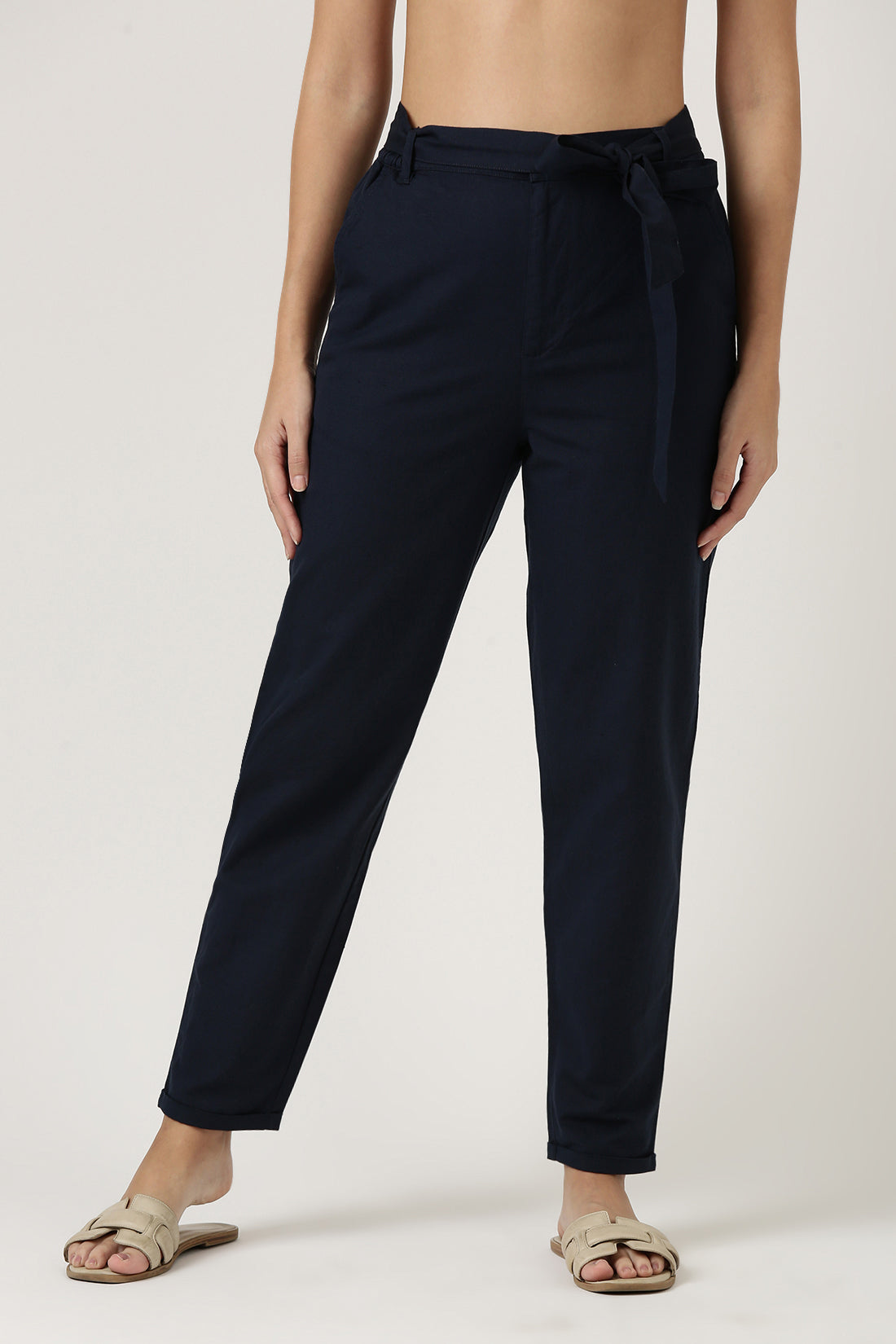 Navy Linen Straight Fit Pant With Belt