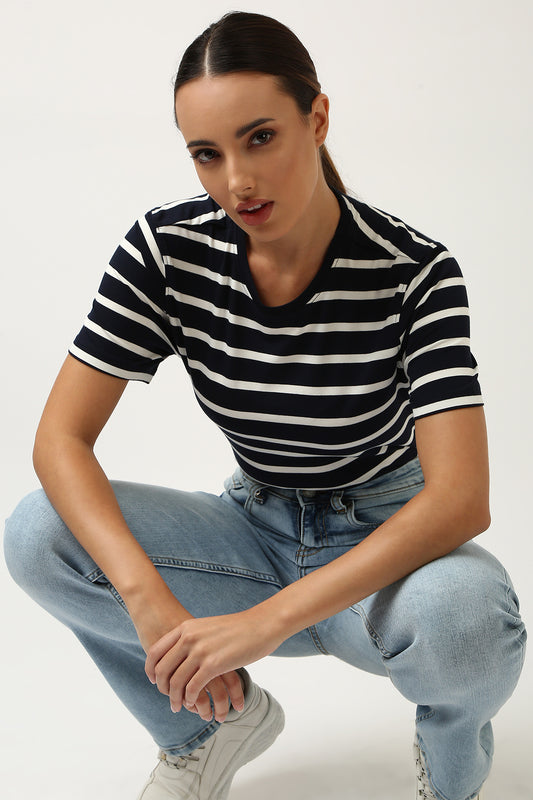 Navy White Striped Slim Fit Tee