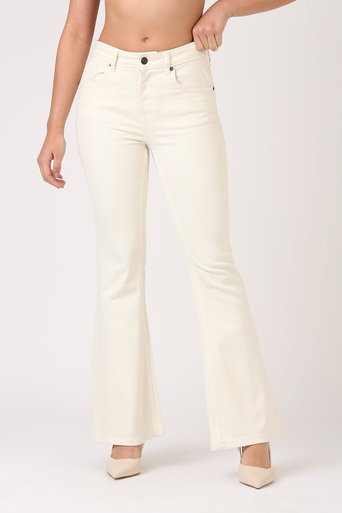 Flare High Rise Jeans-Ecru