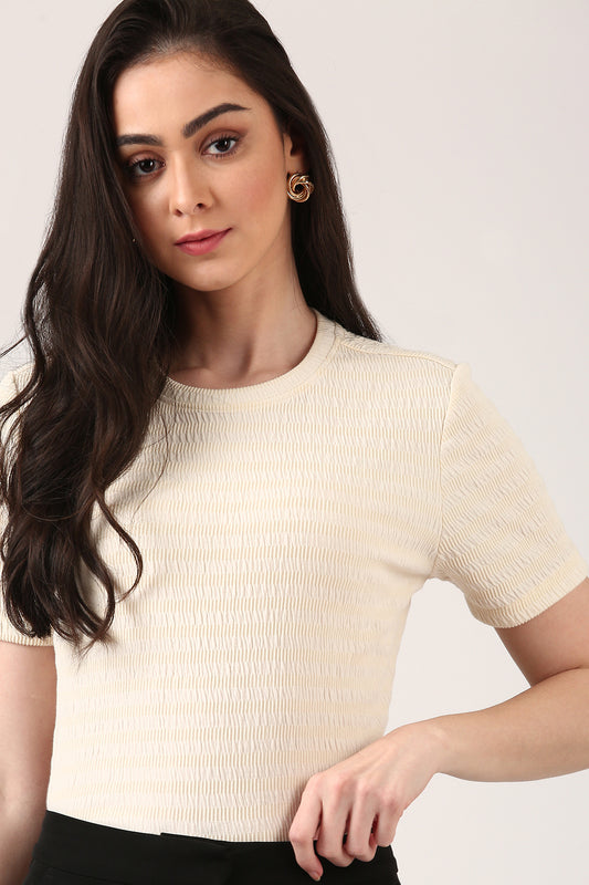 Cream Smocked Textured Top For Women