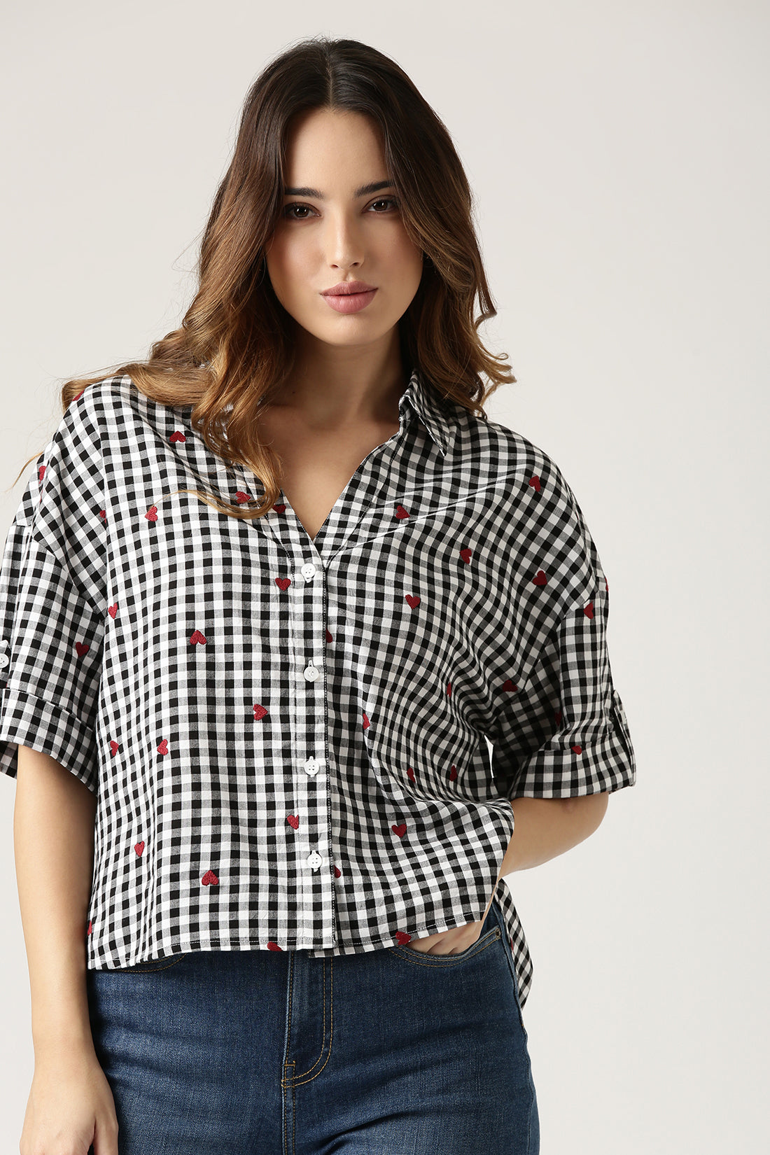 Gingham Heart Embroidered Shirt