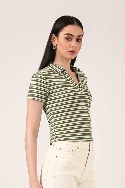 Olive Ribbed Striped Polo Top – Short Sleeve Fitted Top