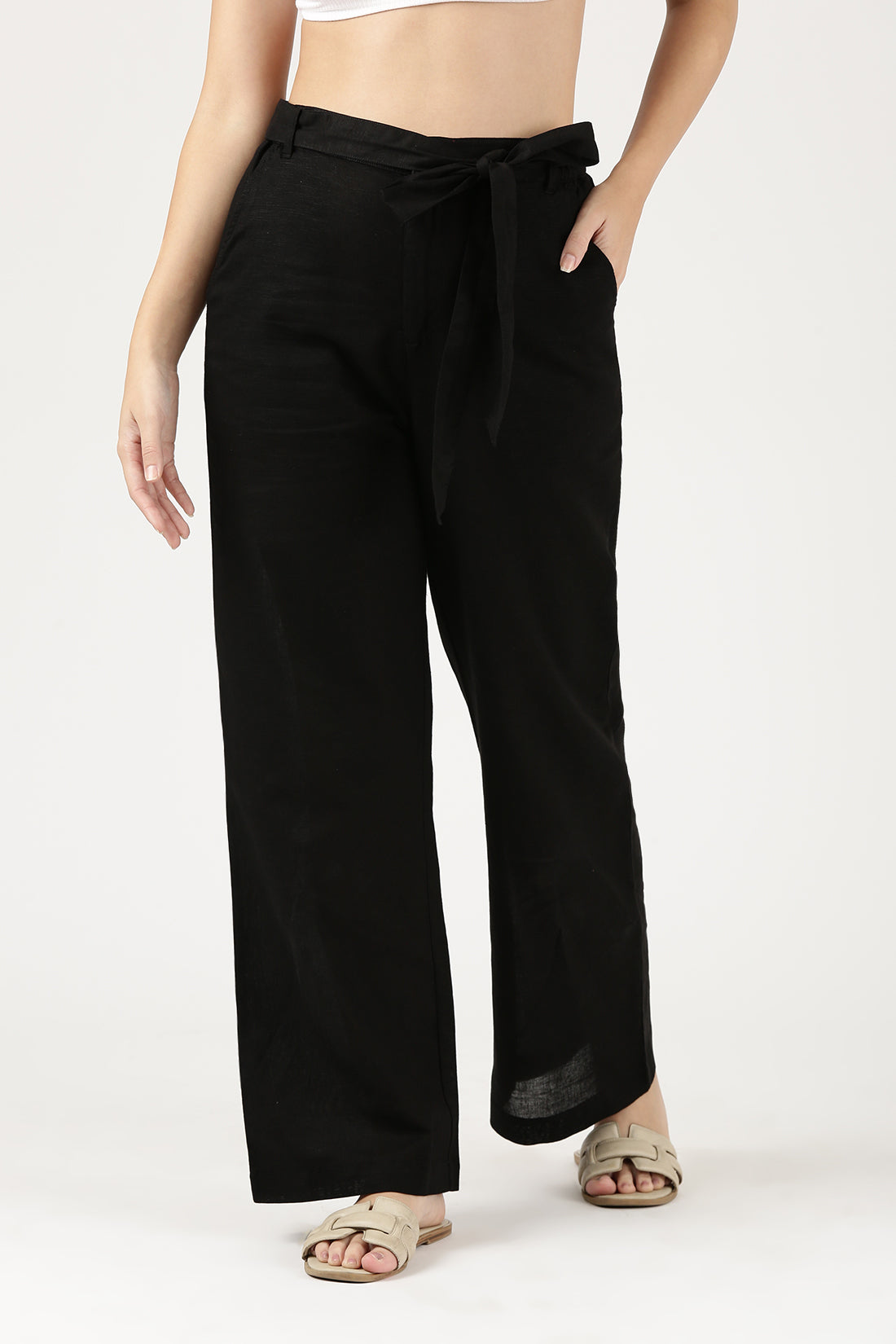 Black Linen Wide Leg Pant With Belt