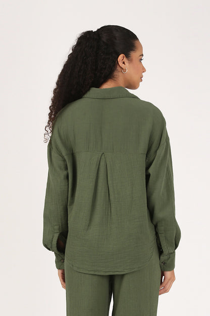 Bottle Green Cotton double cloth Crinkle Oversized Shirt