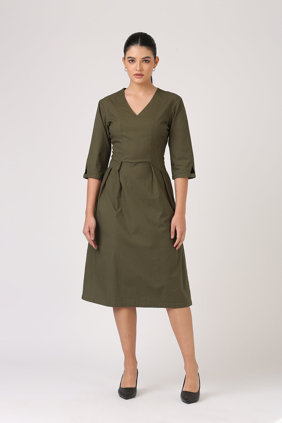 Pleated Olive Midi Dress