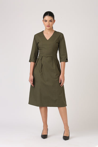 Pleated Olive Midi Dress