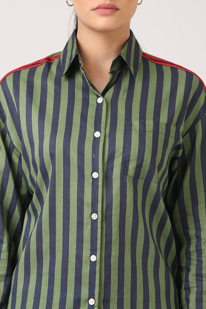 Green Navy Cotton Side Stripe Shirt