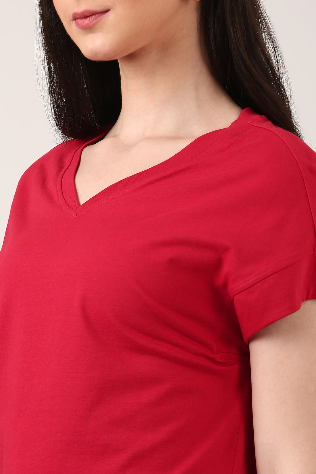 V-Neck Rich Cherry T-Shirt With Side Slit