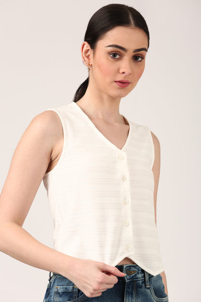 Ivory Sleeveless Jacquard Button-Down Top For Women