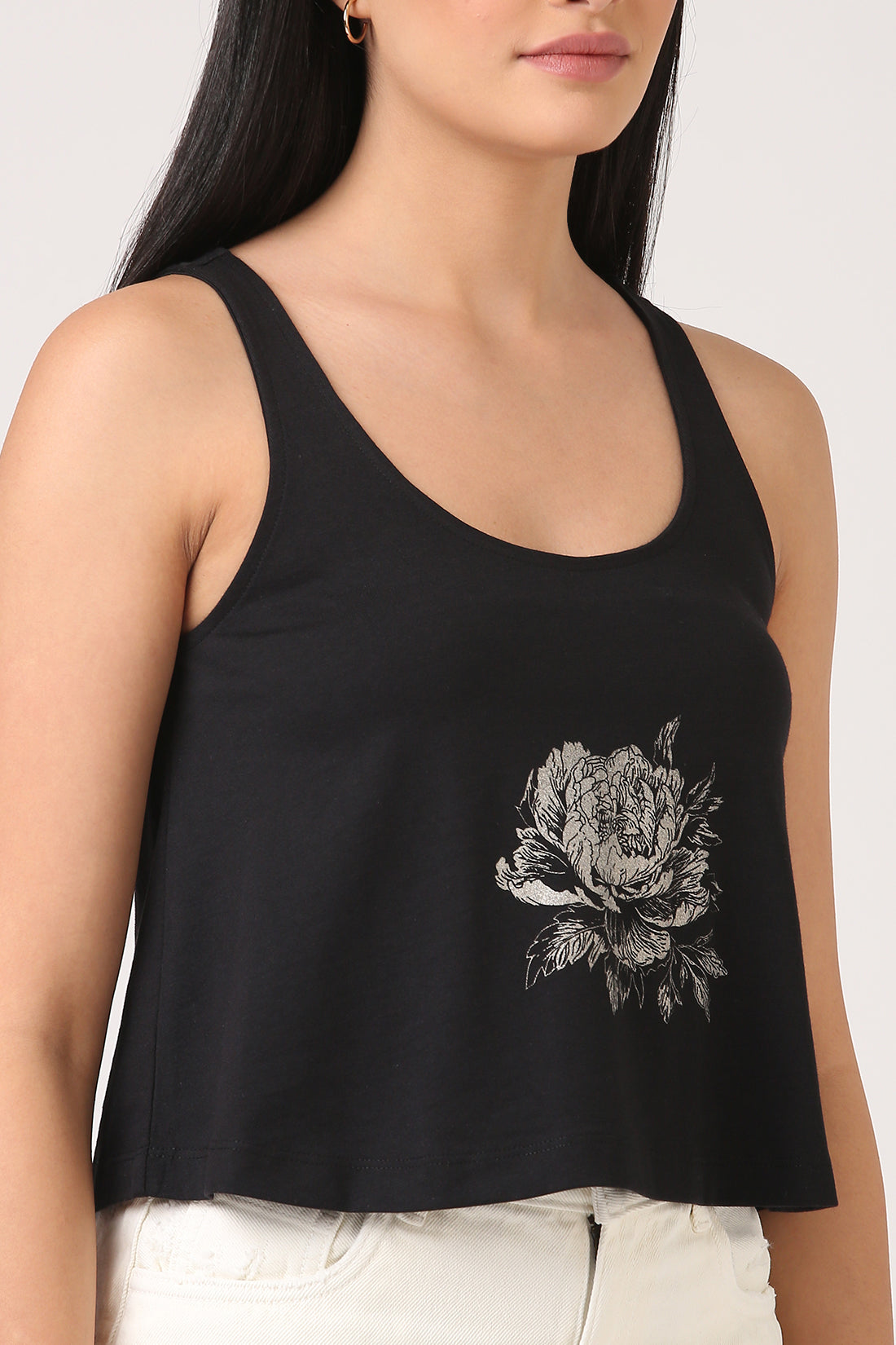 Cotton Black Printed Sleeveless T-Shirt