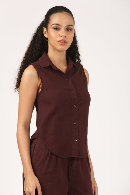 Burgundy Cotton linen Sleeveless Shirt