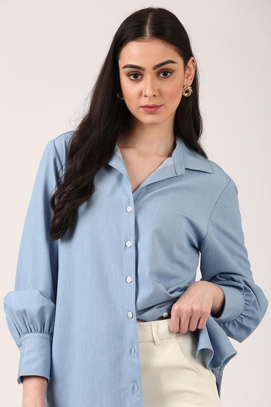 Powder Blue Relaxed-Fit Shirt For Women With Bishop Sleeves
