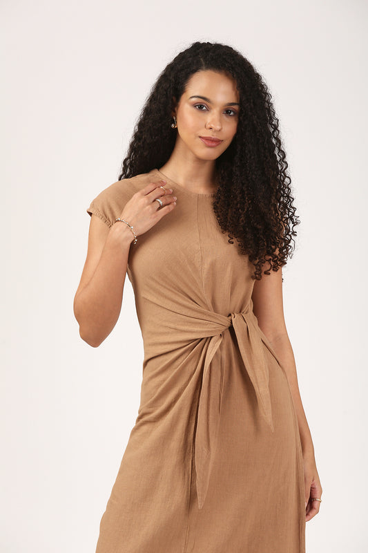 Amayra Linen Belted Dress in fawn