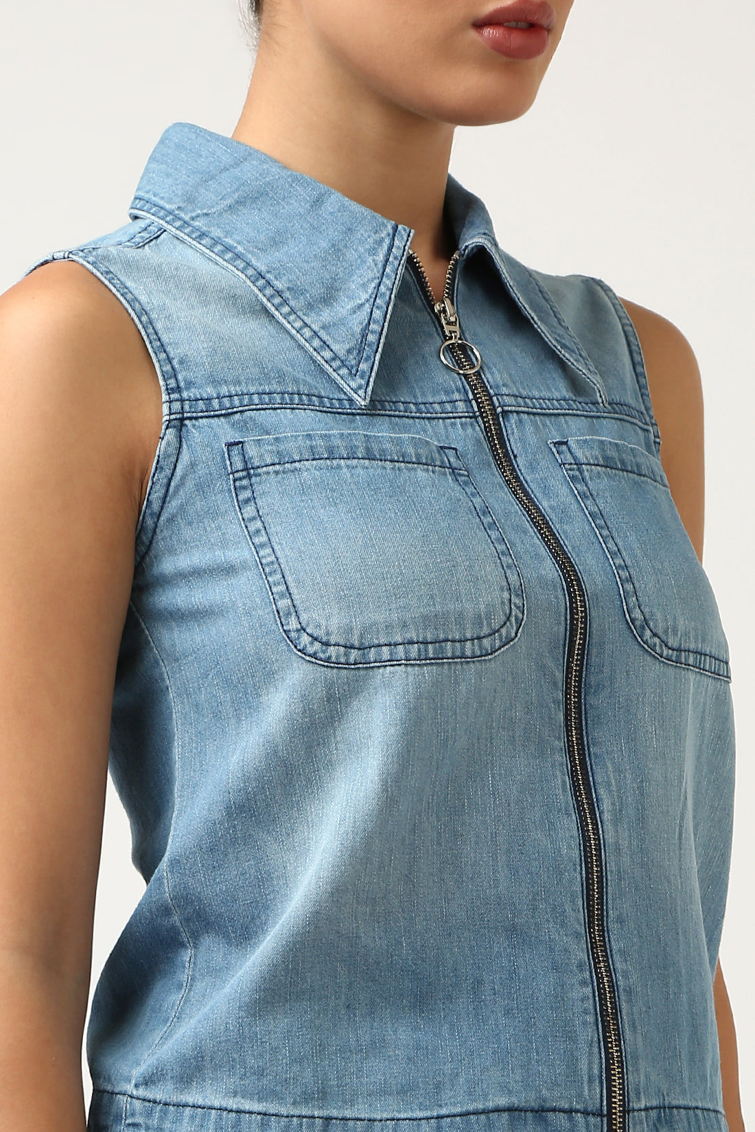 Indigo Denim Sleeveless Zip Top