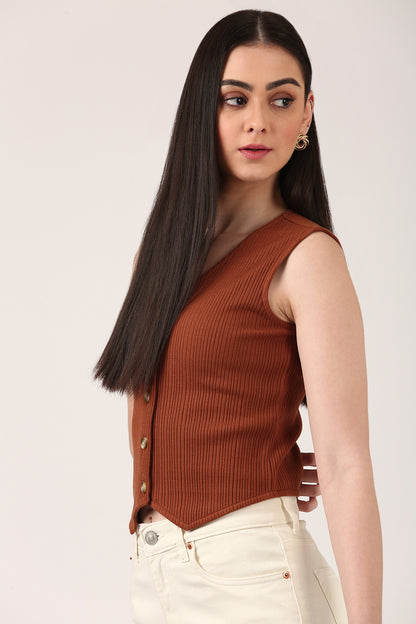 Brown Ribbed Button-Down Sleeveless Knit Top