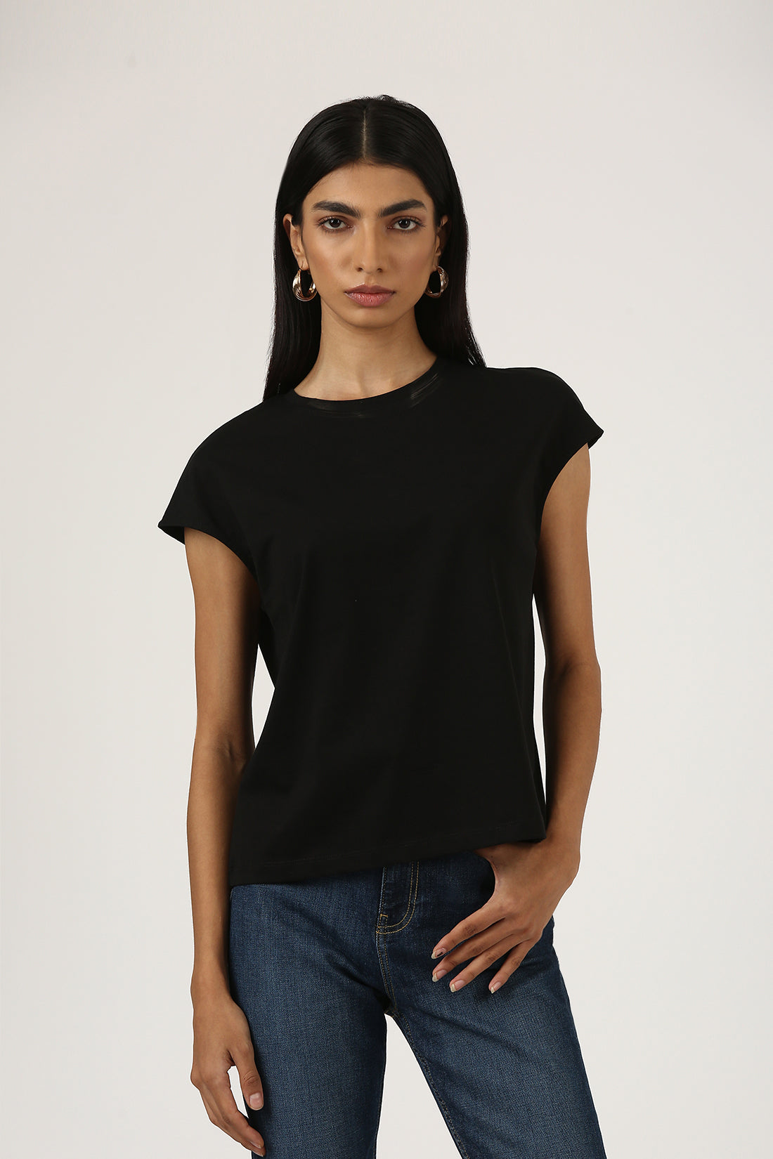 Black Solid Wide Armhole Tee