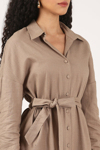 Taupe Button-Down Midi Dress with Waist Tie-The Everyday Edit