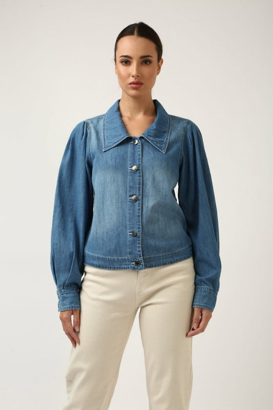 Indigo Denim Pleated Sleeve Top