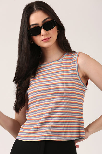 Cotton Multi-Stripe Ribbed Tank Top – Sleeveless Fitted Style