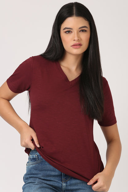 Melange Burgundy  V-Neck T-shirt