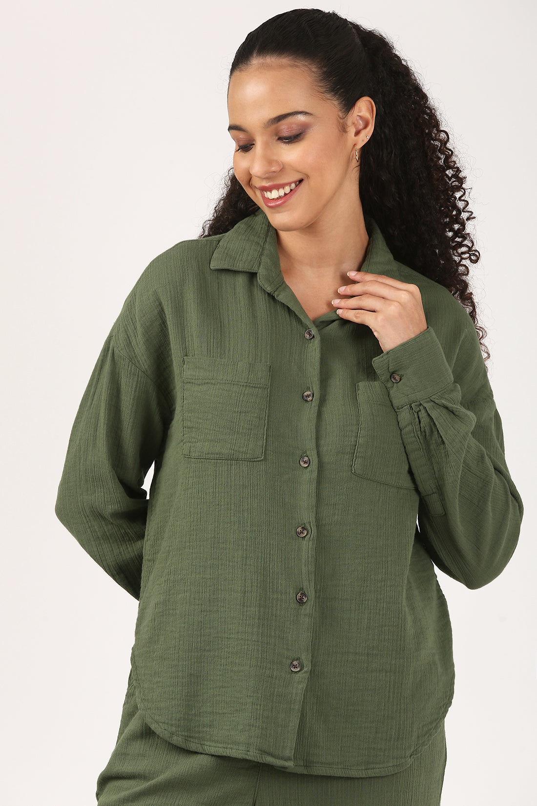 Bottle Green Cotton double cloth Crinkle Oversized Shirt