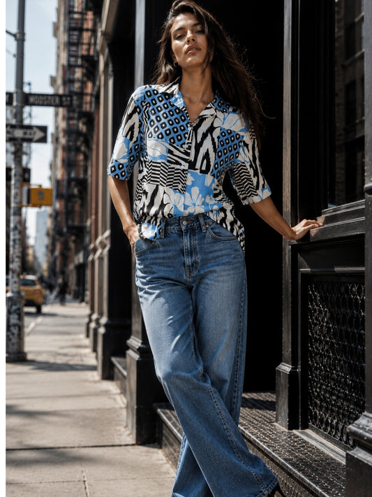 Balcao Breeze-Women’s Blue Abstract Floral Patchwork Cuban Collar Shirt