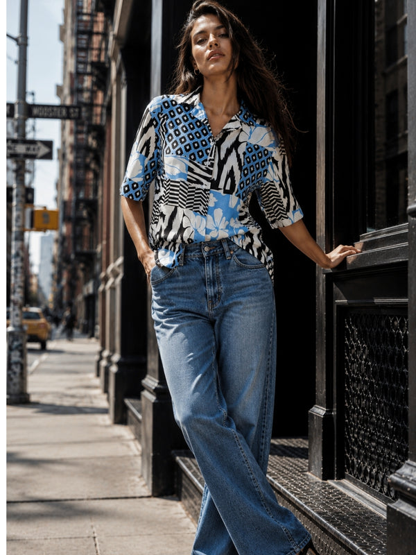 Balcao Breeze-Women’s Blue Abstract Floral Patchwork Cuban Collar Shirt