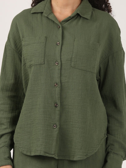 Bottle Green Cotton double cloth Crinkle Oversized Shirt