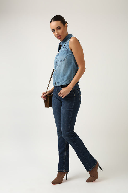 Indigo Denim Sleeveless Zip Top