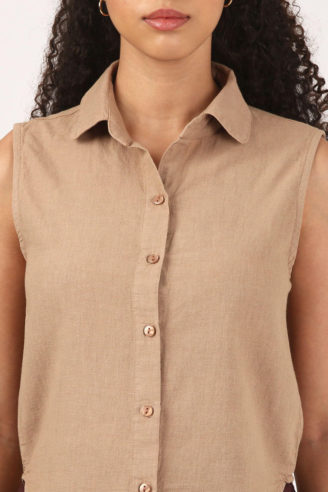 Caramel Cotton Linen Sleeveless Shirt