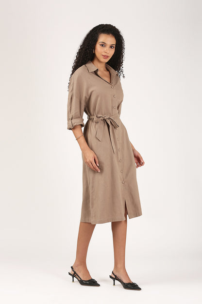 Taupe Button-Down Midi Dress with Waist Tie-The Everyday Edit