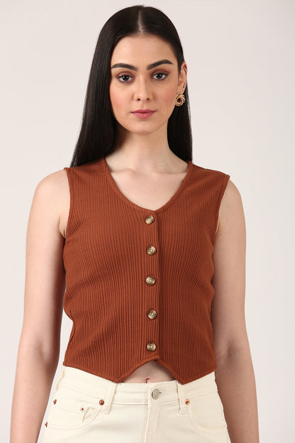 Brown Ribbed Button-Down Sleeveless Knit Top