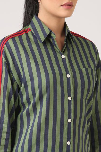 Green Navy Cotton Side Stripe Shirt