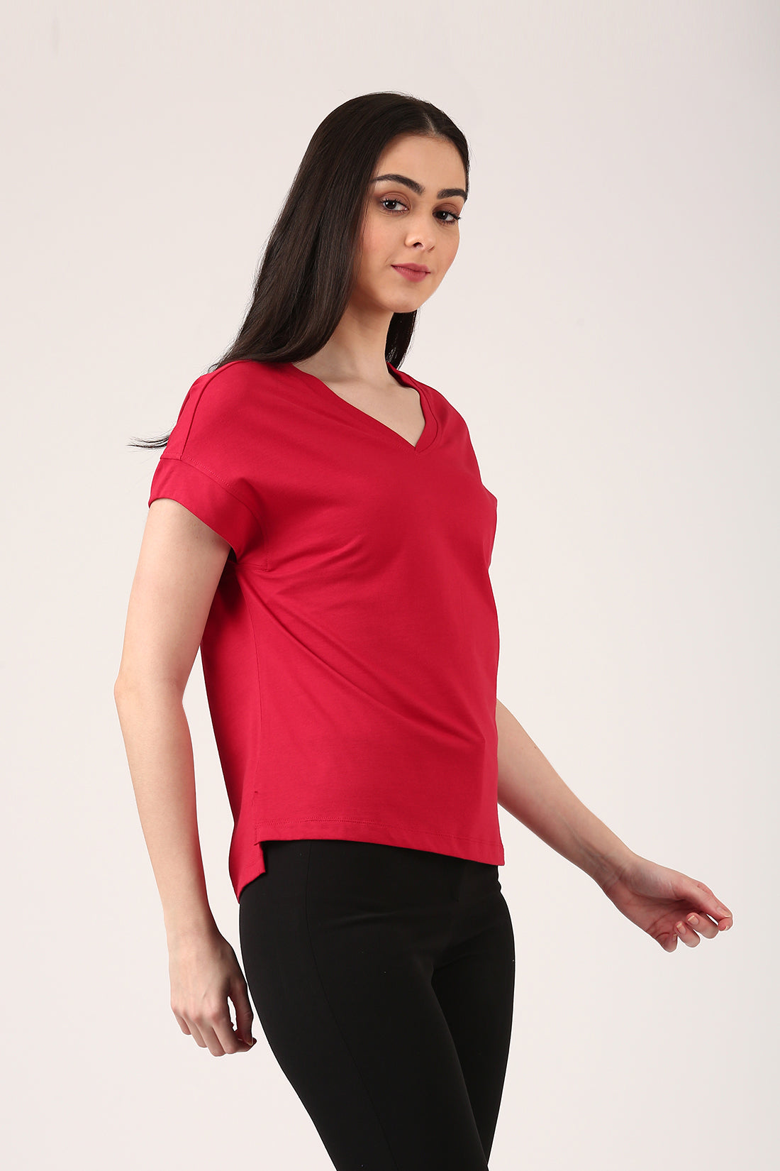 V-Neck Rich Cherry T-Shirt With Side Slit