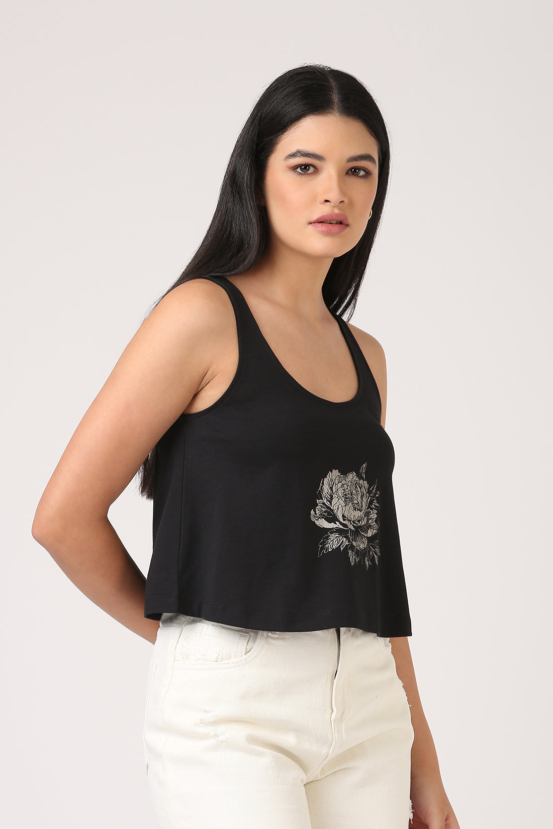 Cotton Black Printed Sleeveless T-Shirt