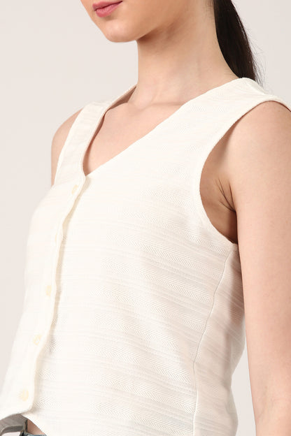 Ivory Sleeveless Jacquard Button-Down Top For Women