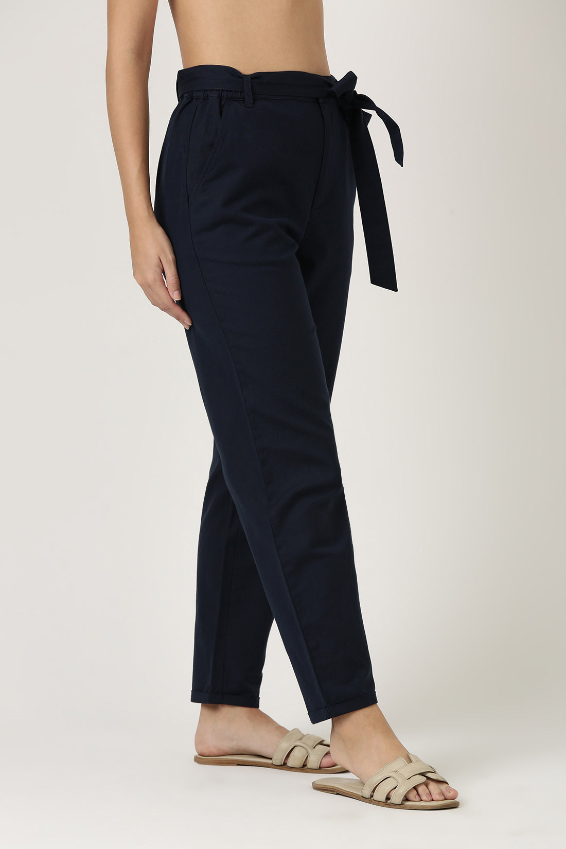 Navy Linen Straight Fit Pant With Belt