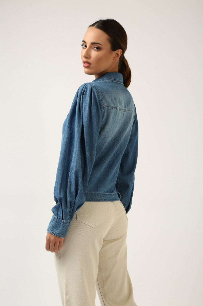 Indigo Denim Pleated Sleeve Top