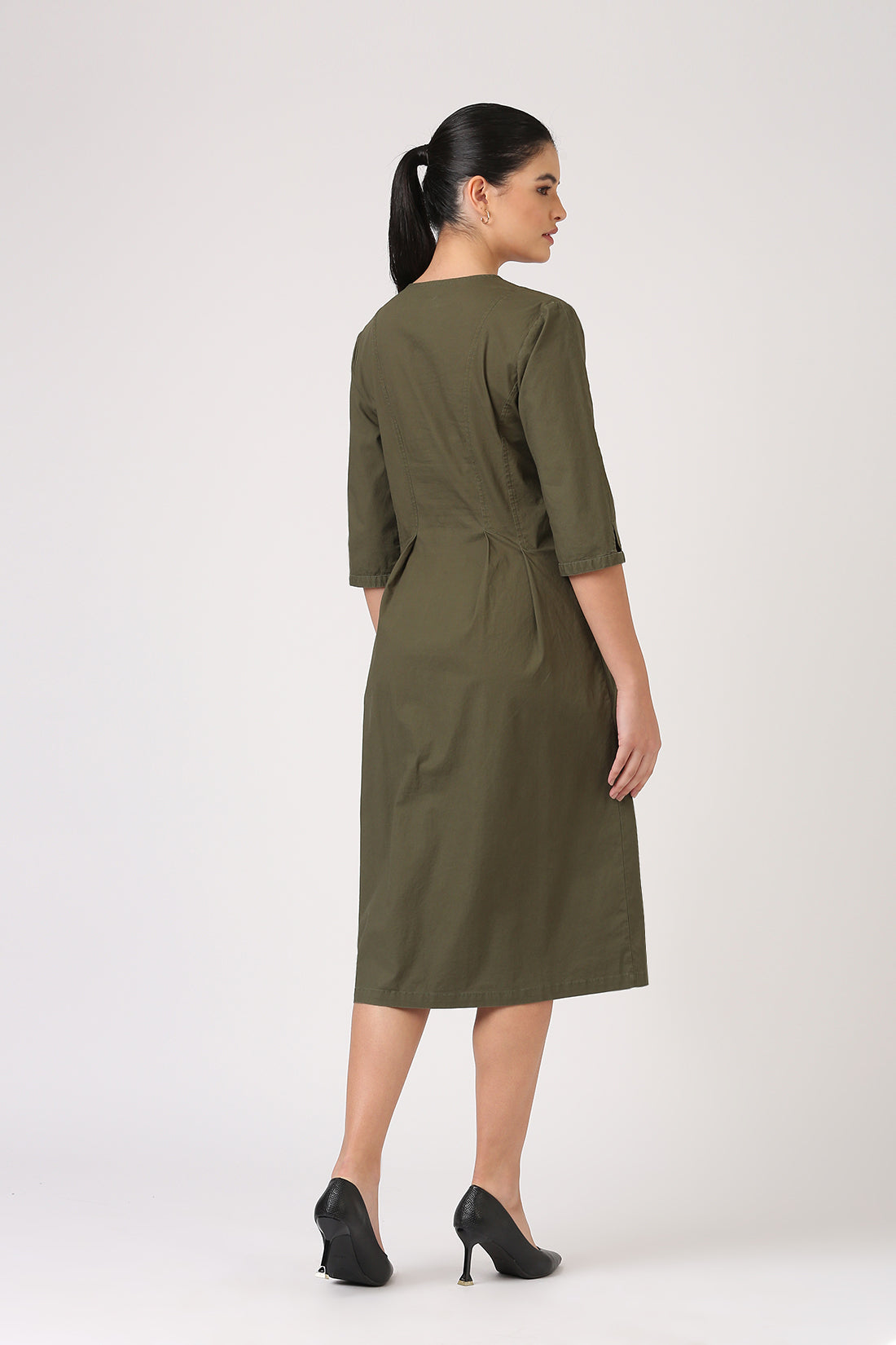 Pleated Olive Midi Dress