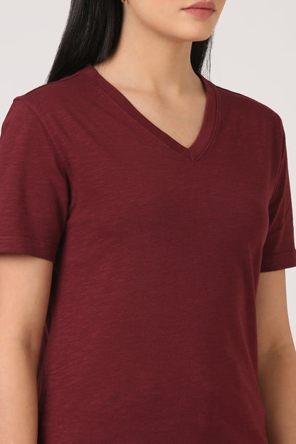 Melange Burgundy  V-Neck T-shirt