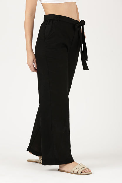 Black Linen Wide Leg Pant With Belt