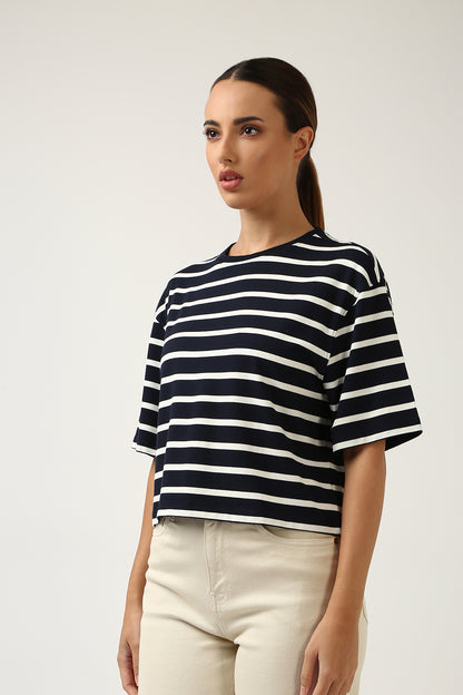 Super Soft-Boxy Tee-Navy & White Stripe