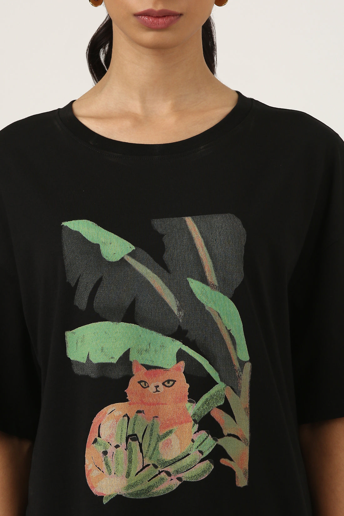 Black Oversized Tropical Graphic Printed Tee