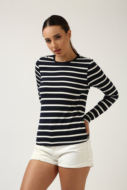 Super Soft-Long Sleeve Tee-Navy & White Stripe